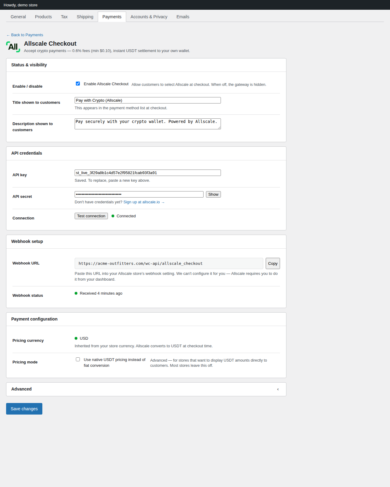 Allscale settings page in WooCommerce admin