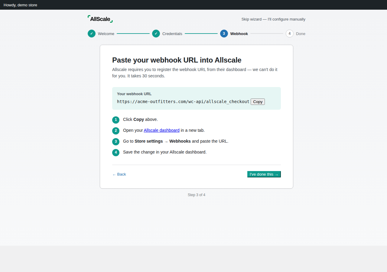 Setup wizard step showing webhook URL